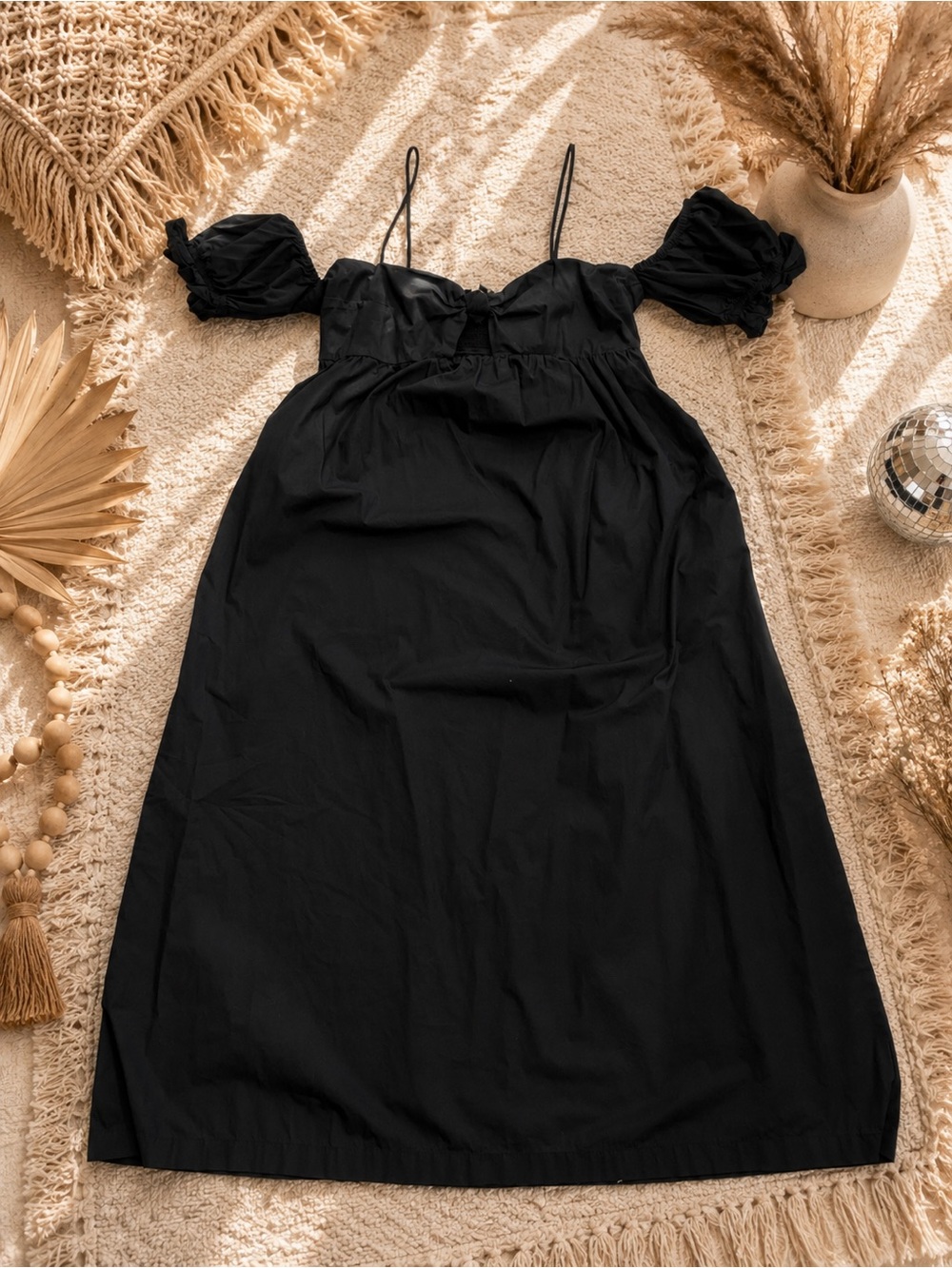 Black Puff Sleeve Babydoll Midi Dress | Cottagecore | Boho | Off-Shoulder